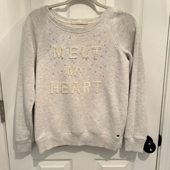 American Eagle Sweater Womens Medium Gray Sweatshirt Melt My Heart Logo Sequin M - Picture 1 of 7